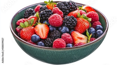 A vibrant bowl of mixed berry salad with strawberries, raspberries, blueberries