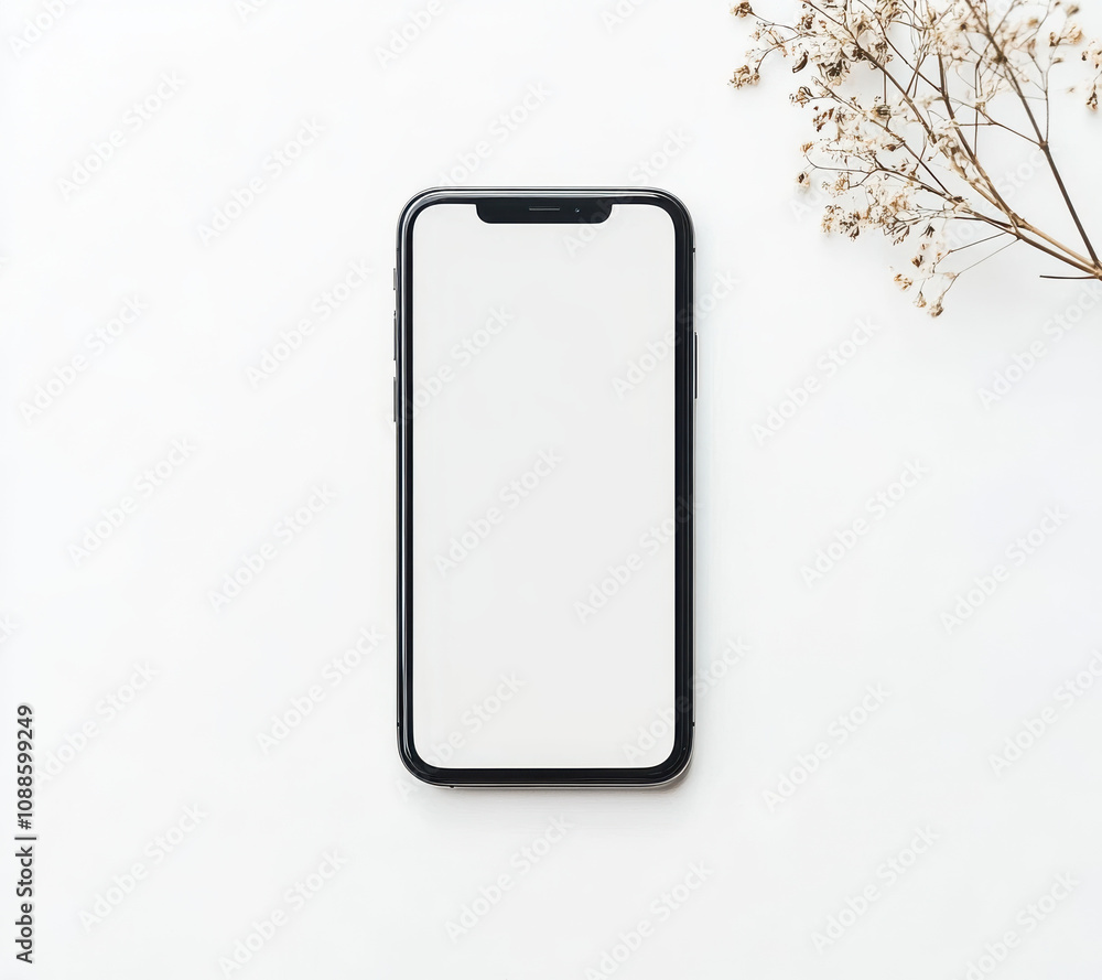 modern smartphone with blank screen on white background, surrounded by dried flowers, creating minimalist aesthetic modern smartphone with blank screen on white background, surrounded by dried flowers, creating minimalist aesthetic