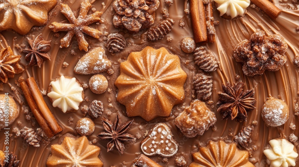 An Abundance of Festive Chocolate Decorations Surrounded by Spices and Sugar, Perfect for Holiday Baking and Seasonal Treats An Abundance of Festive Chocolate Decorations Surrounded by Spices and Sugar, Perfect for Holiday Baking and Seasonal Treats