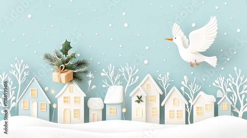 Logistic Christmas concept. A serene winter village scene with snow-covered houses, a gift, and a bird soaring against a light blue background.