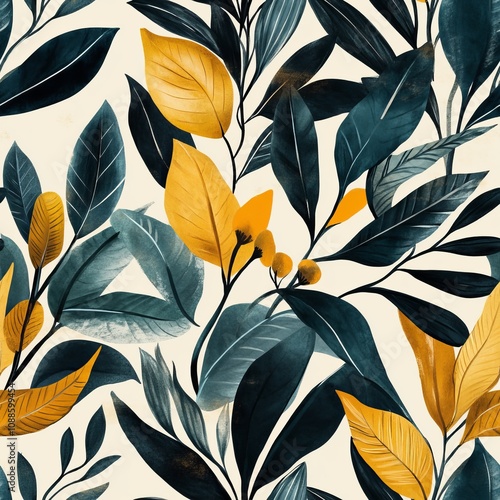 Seamless Pattern of Tropical Leaves on Beige, Botanical Illustration, Summer Print Design