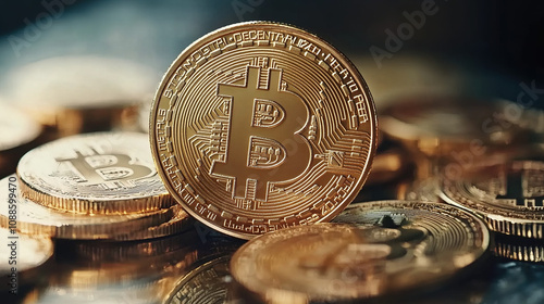 Close-up of a Bitcoin on a golden coin with a blurred background in a dark film style, showing the coin's intricate design and metallic sheen and economic changes. photo