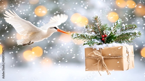 Logistic Christmas concept. A serene winter scene features a white bird flying toward a gift adorned with holiday greenery, set against a softly blurred snowy background.