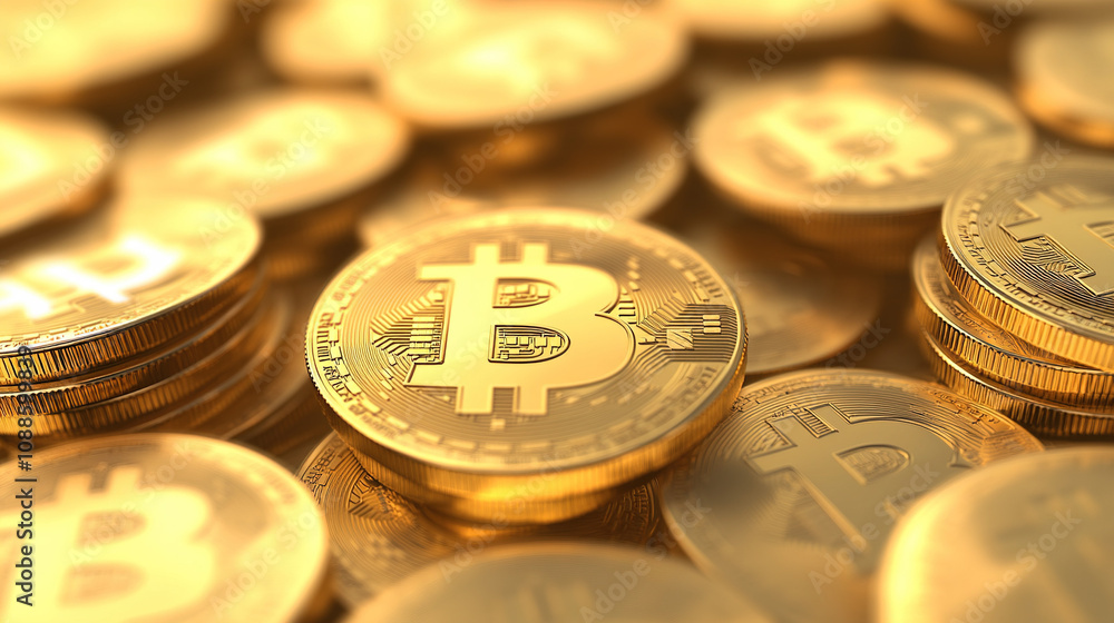 Close-up of a Bitcoin on a golden coin with a blurred background in a dark film style, showing the coin's intricate design and metallic sheen and economic changes. Close-up of a Bitcoin on a golden coin with a blurred background in a dark film style, showing the coin's intricate design and metallic sheen and economic changes.