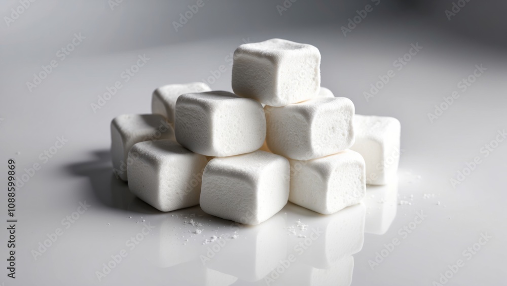A Small Pile of Perfectly Square Fluffy White Pillows on a Soft Surface, white background A Small Pile of Perfectly Square Fluffy White Pillows on a Soft Surface, white background