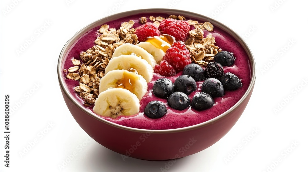 A vibrant bowl of mixed berry smoothie topped with granola and chia seeds, Each berry’s vibrant color and sweet flavor captured with precision A vibrant bowl of mixed berry smoothie topped with granola and chia seeds, Each berry’s vibrant color and sweet flavor captured with precision