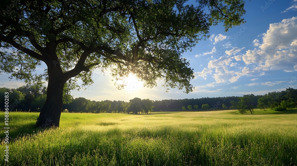 Fototapeta premium Sunset Meadow Landscape with Large Tree