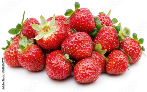 Fresh, ripe strawberries piled together, showcasing their vibrant red color and green leaves, perfect for desserts or healthy snacks