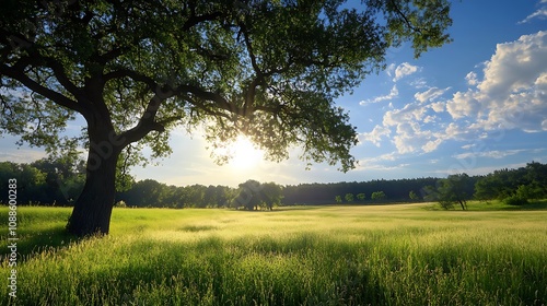 Sunset Meadow Landscape with Large Tree