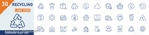 Recycle line icon set. Set of 30 outline icons related to recycling, garbage, trash, separation, garbage truck, recycle icons, ecology and others. Editable stroke. Vector illustration.