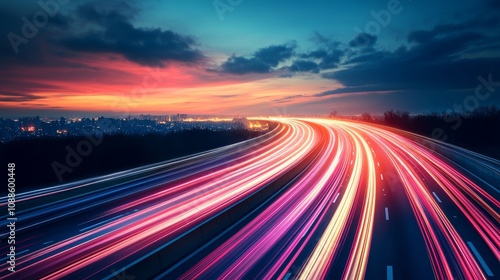 A vibrant sunset scene with light trail from moving vehicles on a highway, showcasing urban energy.