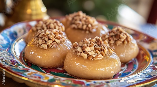 Delicious Close-up of Traditional Middle Eastern Dessert with Nut Topping Served on Ornate Platter, Capturing the Richness and Sweetness of Culinary Heritage