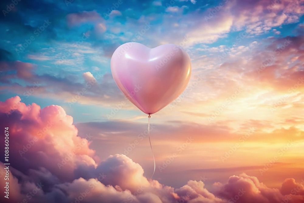 Long Exposure of a Floating Pink Balloon with a White Heart Against a Dreamy Sky Background, Capturing the Essence of Love and Joy in a Serene Atmosphere Long Exposure of a Floating Pink Balloon with a White Heart Against a Dreamy Sky Background, Capturing the Essence of Love and Joy in a Serene Atmosphere