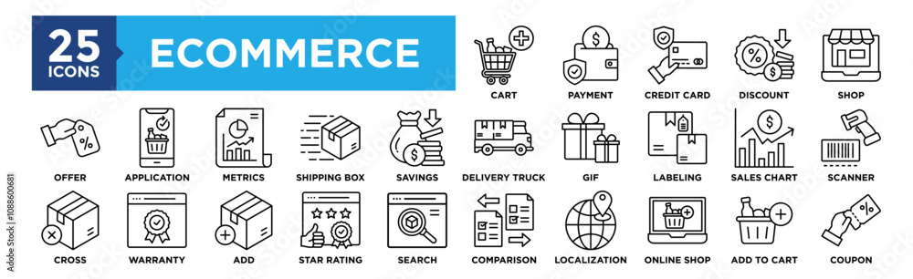 Ecommerce icon collection set. Containing design Cart, Payment, Credit Card, Discount, Shop Ecommerce icon collection set. Containing design Cart, Payment, Credit Card, Discount, Shop