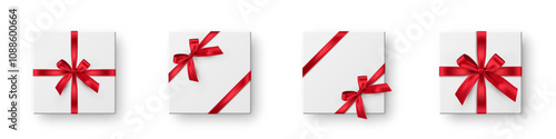 White boxes with red ribbons and bow. Red wrapping decorations on transparent background. Collection of gift box decoration. Realistic 3d vector illustration set.