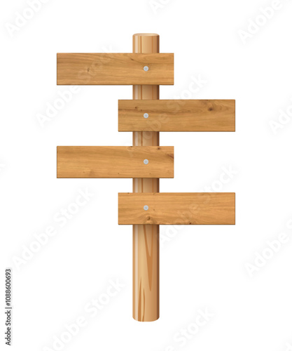 3d wooden signboard vector illustration. Realistic wood sign post. Blank arrow with wood texture, plywood road pointer. City guidance.