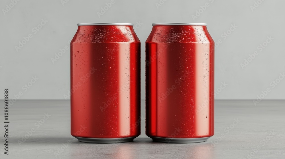 Two Red Soda Cans Condensation Refreshing Drink Aluminum Cans Beverage Packaging Two Red Soda Cans Condensation Refreshing Drink Aluminum Cans Beverage Packaging