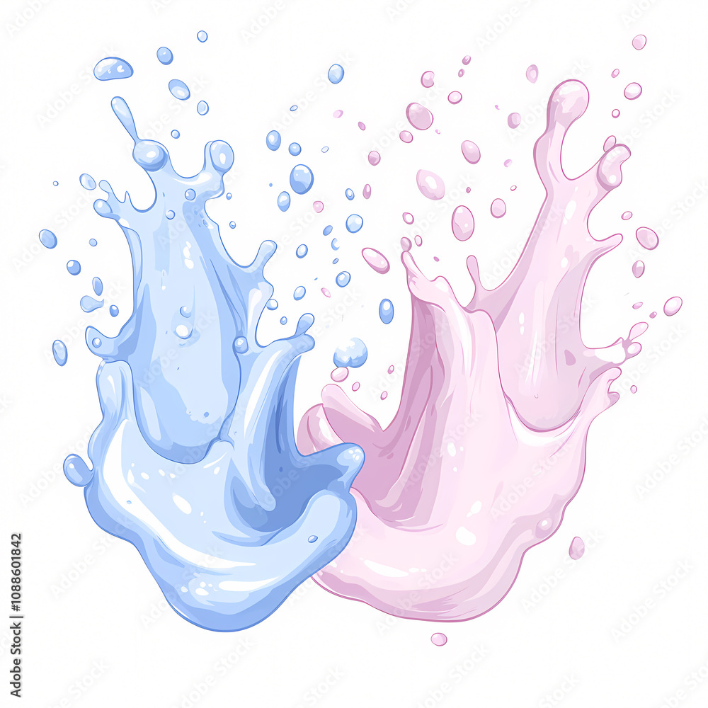 Obraz premium An expressive artwork showcasing vibrant splashes of blue and pink paint highlighting creativity and fluid motion. On white background