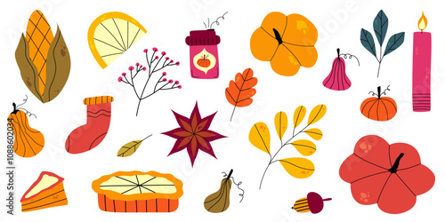 Thanksgiving autumn hygge set with pumpkin, leaf and coffee. Flat doodle elements for autumn thanksgiving design