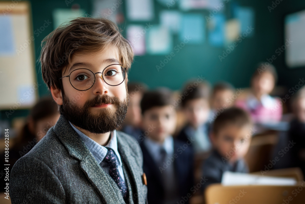 Young bearded man in a classroom setting wearing a suit and glasses, surrounded by blurred students, creates an intellectual and engaging atmosphere. Young bearded man in a classroom setting wearing a suit and glasses, surrounded by blurred students, creates an intellectual and engaging atmosphere.