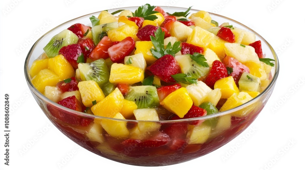 A vibrant bowl of mixed fruit salsa with diced strawberries, mango, pineapple A vibrant bowl of mixed fruit salsa with diced strawberries, mango, pineapple