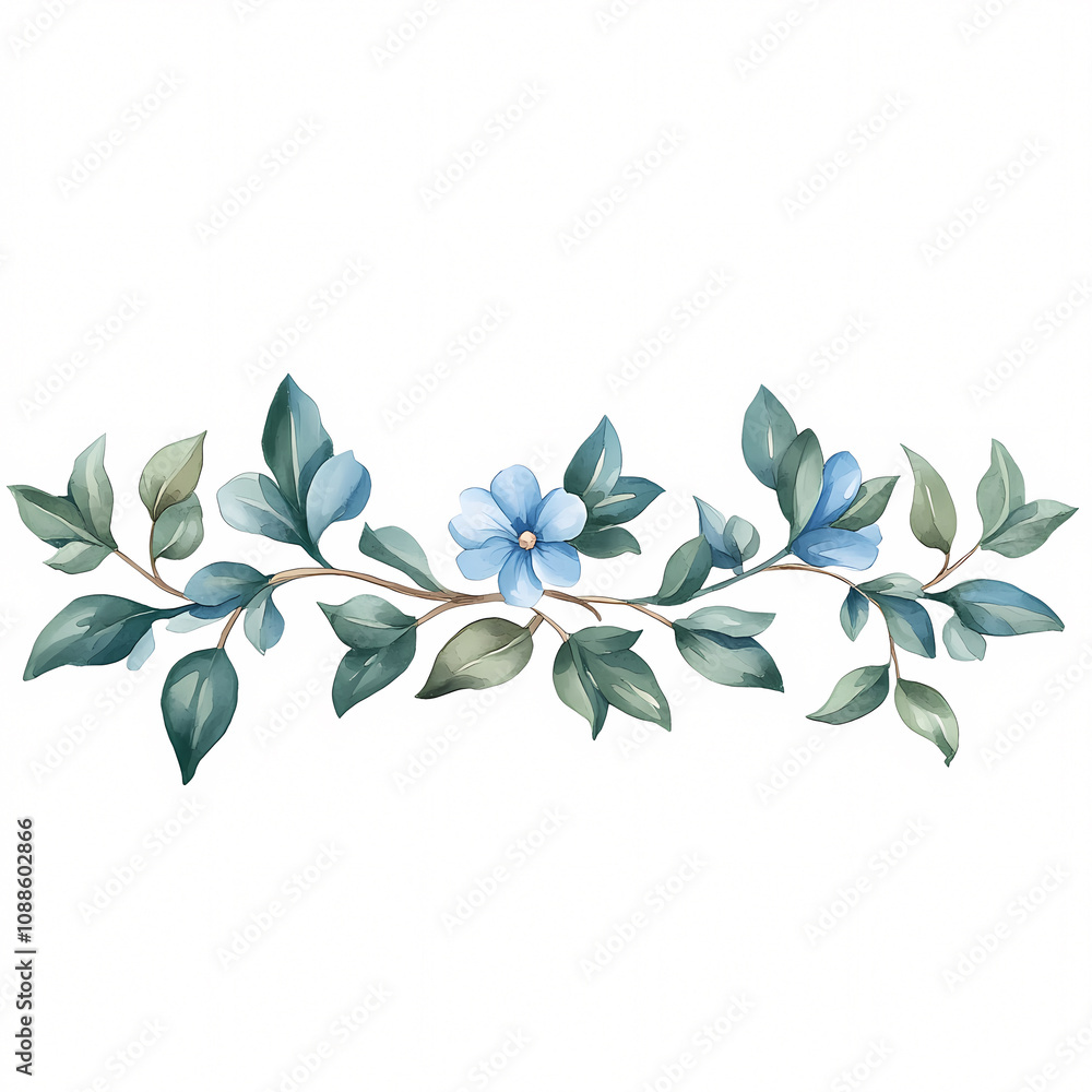 A beautiful floral design showcasing blue flowers and green leaves. On white background A beautiful floral design showcasing blue flowers and green leaves. On white background