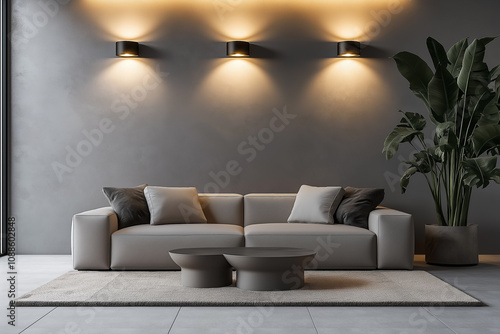 Modern living room wall-mounted sconce illuminates the sofa below