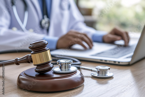 close up of wooden gavel and stethoscope on desk