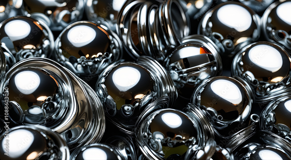 Close-Up of Shiny Metallic Silver Spheres with Refle Close-Up of Shiny Metallic Silver Spheres with Refle