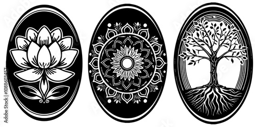 Minimalist spiritual illustrations featuring lotus flower, mandala, and tree of life design