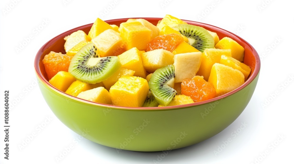 A vibrant bowl of tropical fruit salad with diced mango, papaya, kiwi A vibrant bowl of tropical fruit salad with diced mango, papaya, kiwi