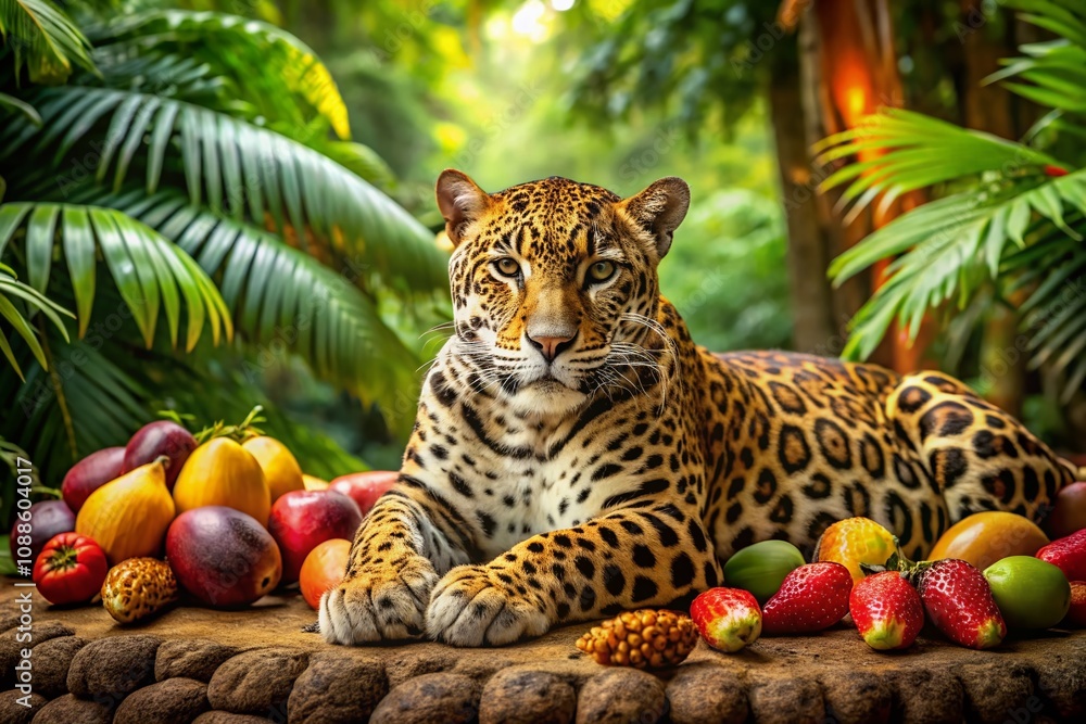 Fototapeta premium Majestic Jaguar Camouflaged in Lush Jungle Surroundings, Capturing the Essence of Wild Nature and Its Intricate Ecosystem in Stunning Detail for Food Photography Lovers