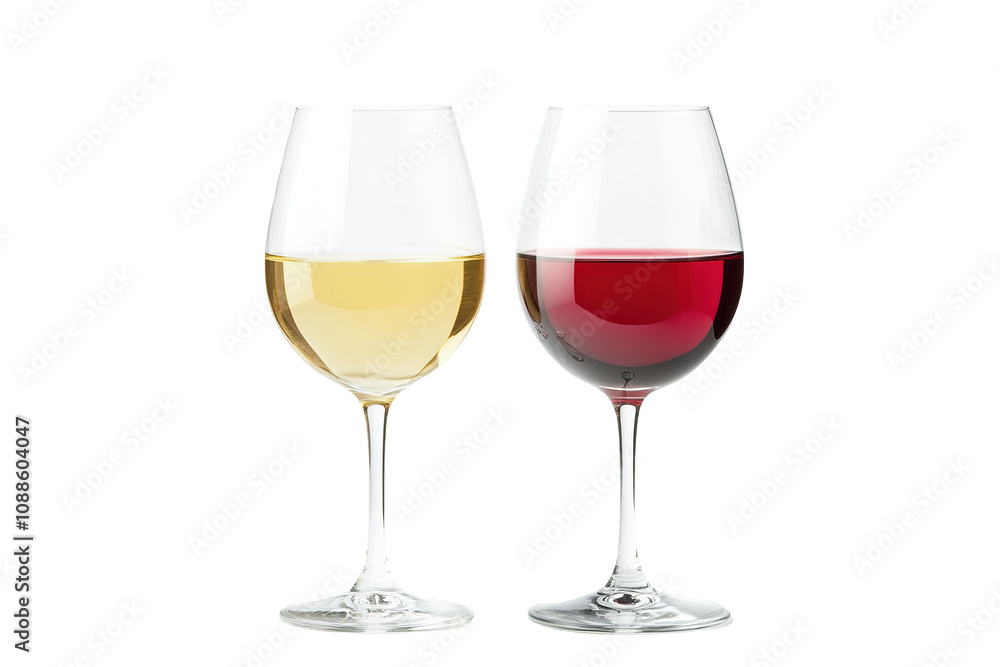 Two wine glasses, one white and one red, are shown side by side . on transparent background. Two wine glasses, one white and one red, are shown side by side . on transparent background.
