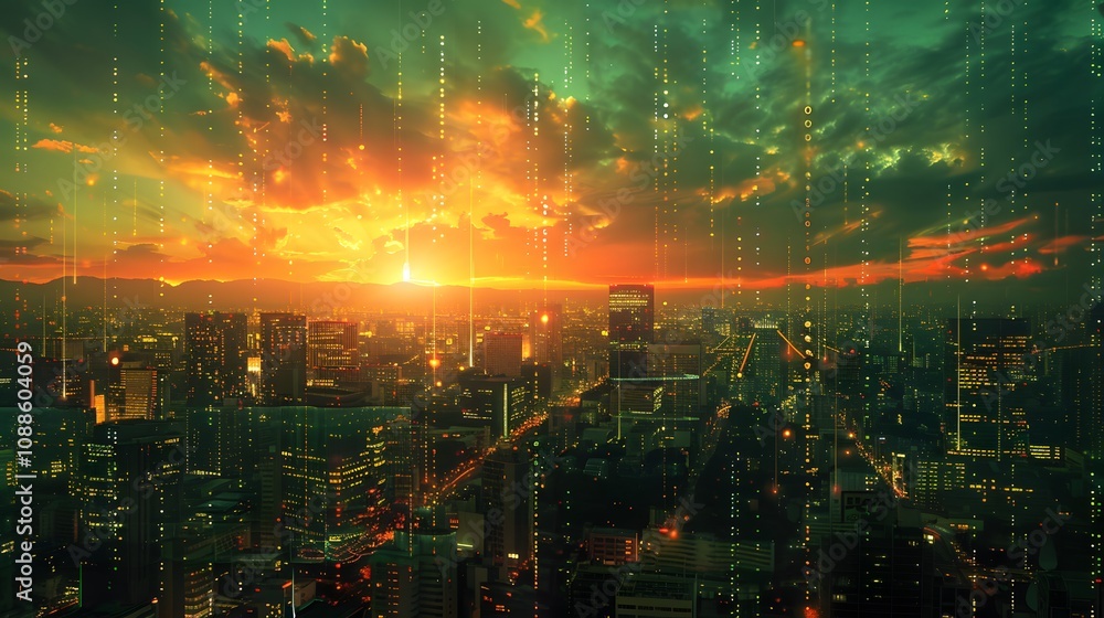 The photo showcases an intricate web of glowing circuits blending with a bustling cityscape, symbolizing the integration of technology and business, surrounded by a vibrant digital aura, Photography, The photo showcases an intricate web of glowing circuits blending with a bustling cityscape, symbolizing the integration of technology and business, surrounded by a vibrant digital aura, Photography,