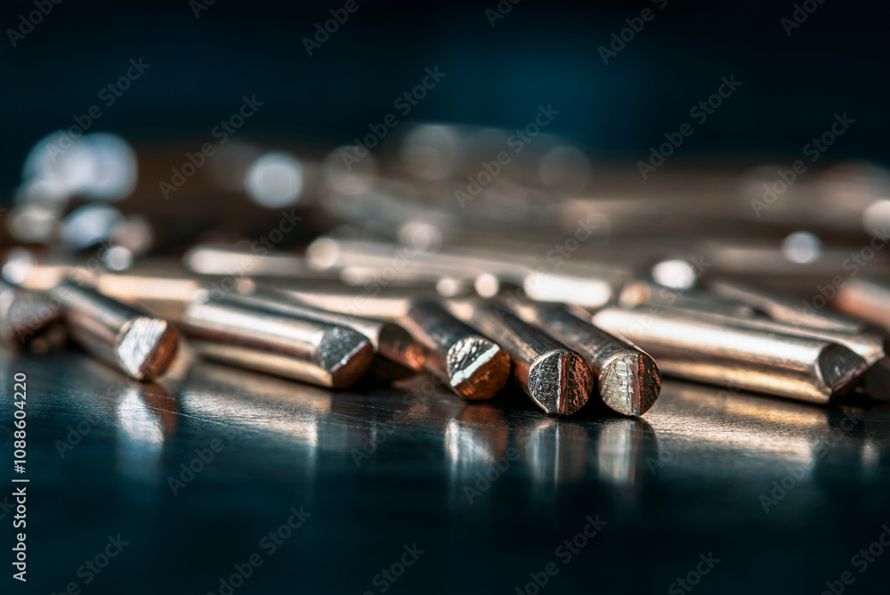 Copper wire scraps on an industrial metal surface illuminated by cold light, recycling of non-ferrous metals Copper wire scraps on an industrial metal surface illuminated by cold light, recycling of non-ferrous metals