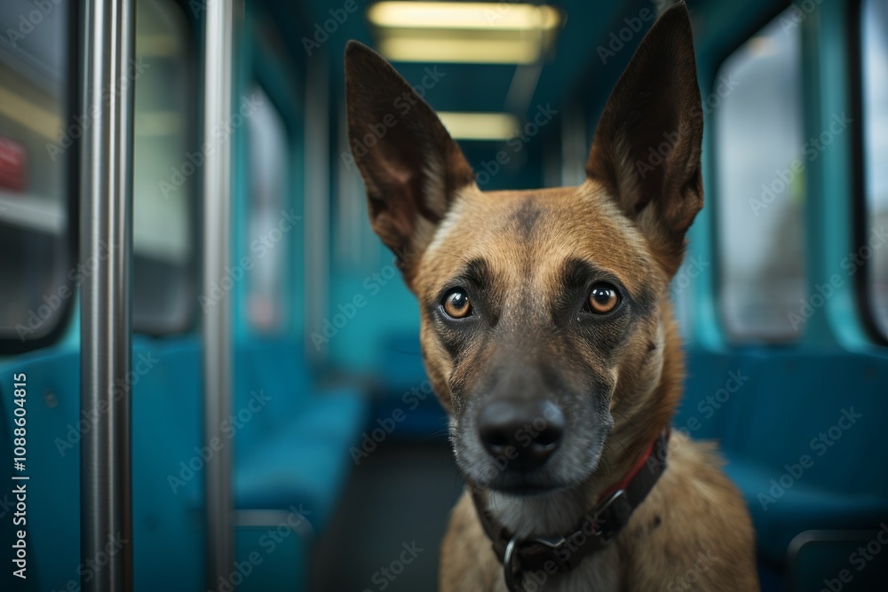 Obraz premium Lonely dog sitting on an empty public bus, capturing a moment of solitude and curiosity