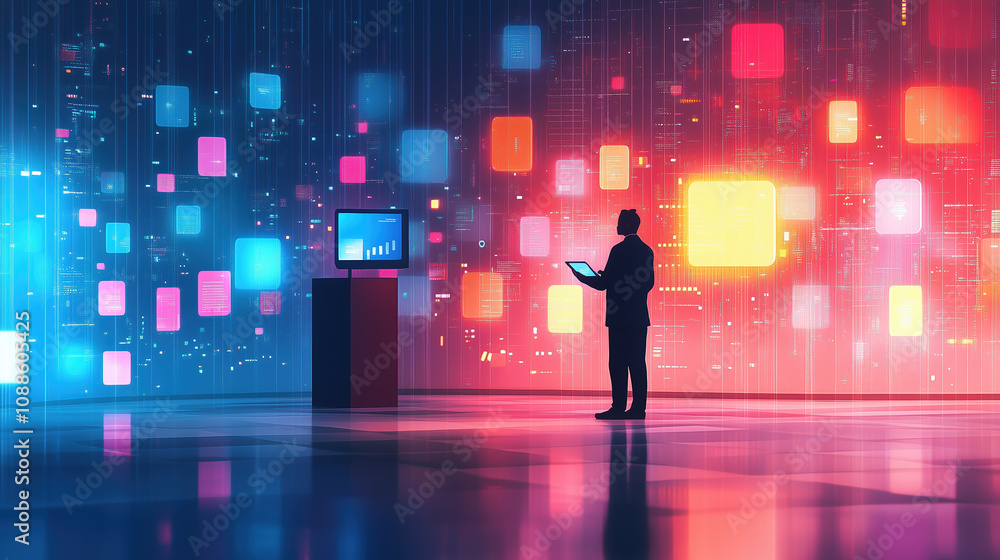 Home Office with Businessperson Using Tablet for Telehealth Consultations, Surrounded by Glowing Medical Data in a Clean, Minimalist Environment Home Office with Businessperson Using Tablet for Telehealth Consultations, Surrounded by Glowing Medical Data in a Clean, Minimalist Environment
