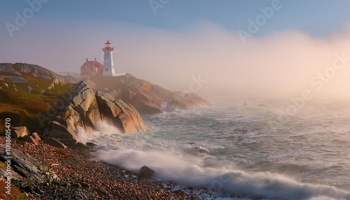 Lonely lighthouse standing tall in dense fog at peggy's cove