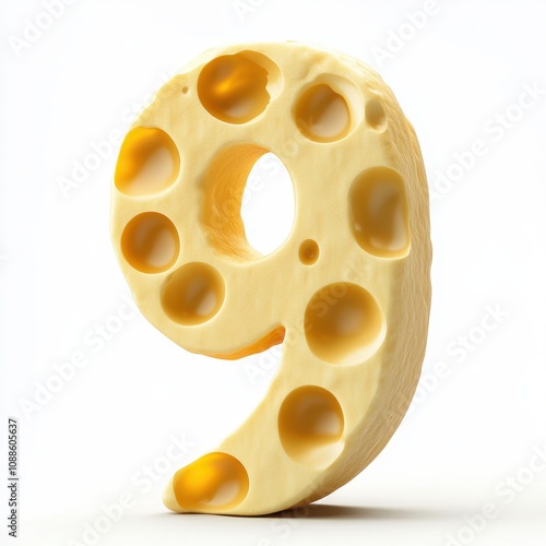 A stylized number nine made of cheese, featuring holes resembling Swiss cheese. photo