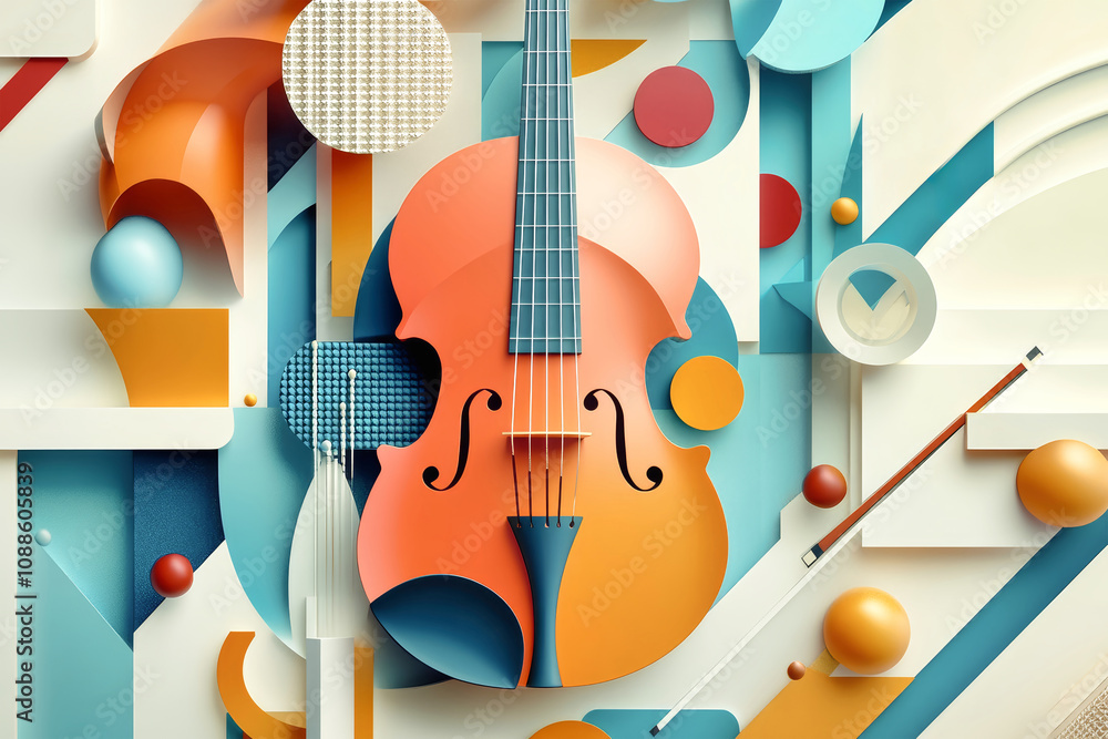 Abstract music illustration featuring a guitar and violin in a retro color scheme with geometric shapes for a vintage aesthetic Abstract music illustration featuring a guitar and violin in a retro color scheme with geometric shapes for a vintage aesthetic