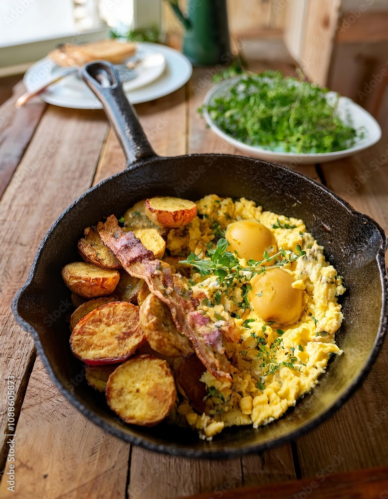 Rustic country breakfast with scrambled eggs, bacon, and potatoes in cast iron skillet Rustic country breakfast with scrambled eggs, bacon, and potatoes in cast iron skillet
