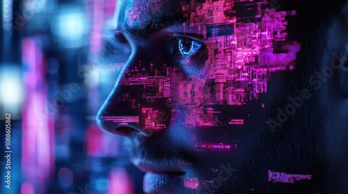 A man's face is partially obscured by a digital overlay of pink and blue squares and lines. He looks toward the right of the frame. The background is blurred, also with pink and blue colors.