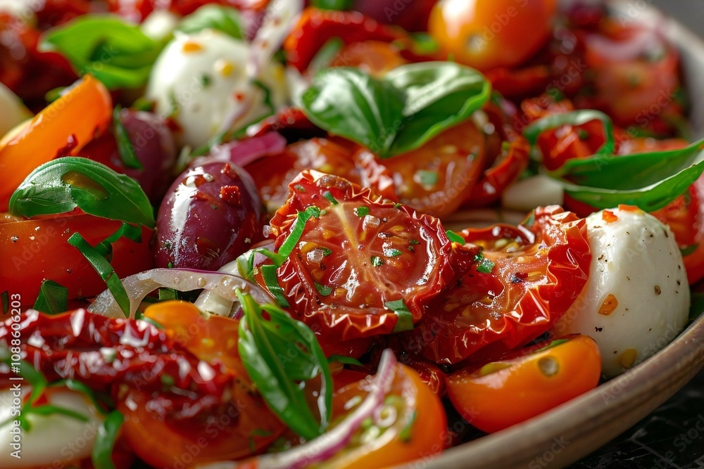 close-up of a sun-dried tomato salad with a mix of fresh vegetables and mozzarella cheese, a healthy meal option. close-up of a sun-dried tomato salad with a mix of fresh vegetables and mozzarella cheese, a healthy meal option.