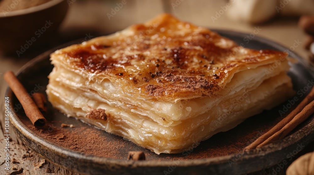 Flaky Pastry Layered Dessert with Cinnamon and Sugar on a Rustic Plate Surrounded by Spices and Natural Ingredients for a Cozy Culinary Experience Flaky Pastry Layered Dessert with Cinnamon and Sugar on a Rustic Plate Surrounded by Spices and Natural Ingredients for a Cozy Culinary Experience