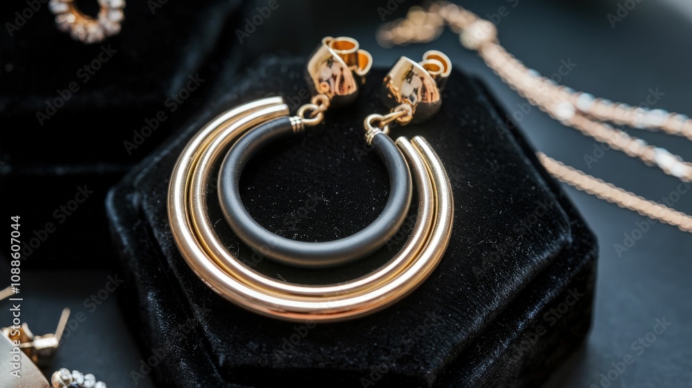 Elegant gold and black hoop earrings displayed on a black velvet surface, showcasing a stylish jewelry design. Elegant gold and black hoop earrings displayed on a black velvet surface, showcasing a stylish jewelry design.