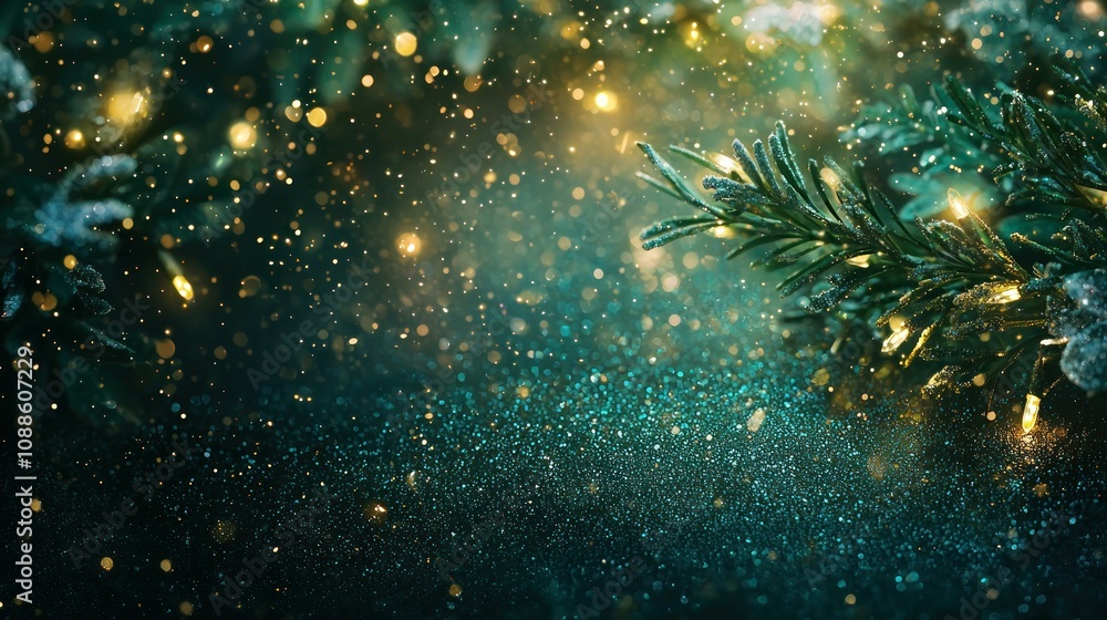 Fototapeta premium Magical christmas celebration enchanted forest atmospheric background dreamy environment close-up fairy lights and sparkles