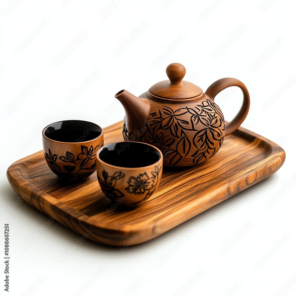 Ceramic teapot with patterned cups on a wooden serving tray. Ceramic teapot with patterned cups on a wooden serving tray.