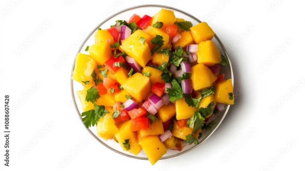 A vibrant mango salsa with diced mango, red bell pepper, red onion A vibrant mango salsa with diced mango, red bell pepper, red onion