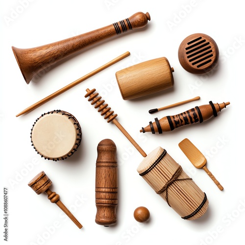 Assorted wooden musical instruments on white isolate background photo