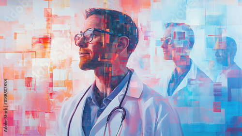 Telehealth Video Conferencing Professional Artwork with Doctor and Patient on Screen, Virtual Health Consultation, Medical Technology Concept photo